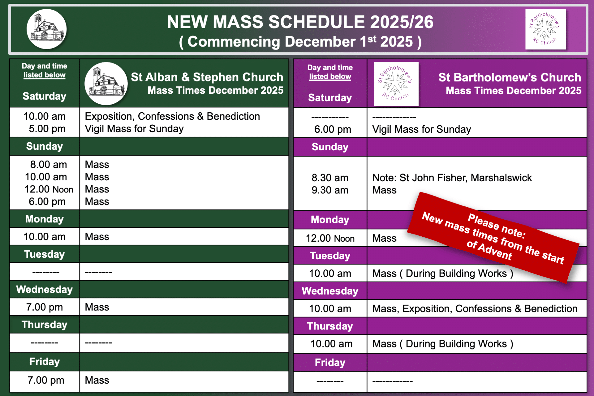 New Mass Schedule from December 2025